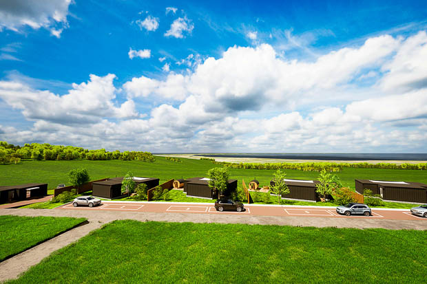 8キロ先の富山湾が見える、丘の上にあるグランピング施設